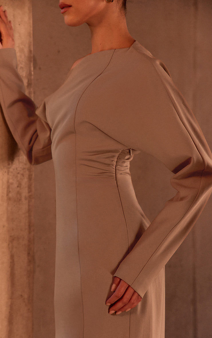 PLT Label Taupe Asymmetric Batwing Sleeved Cinched Waist Maxi Dress