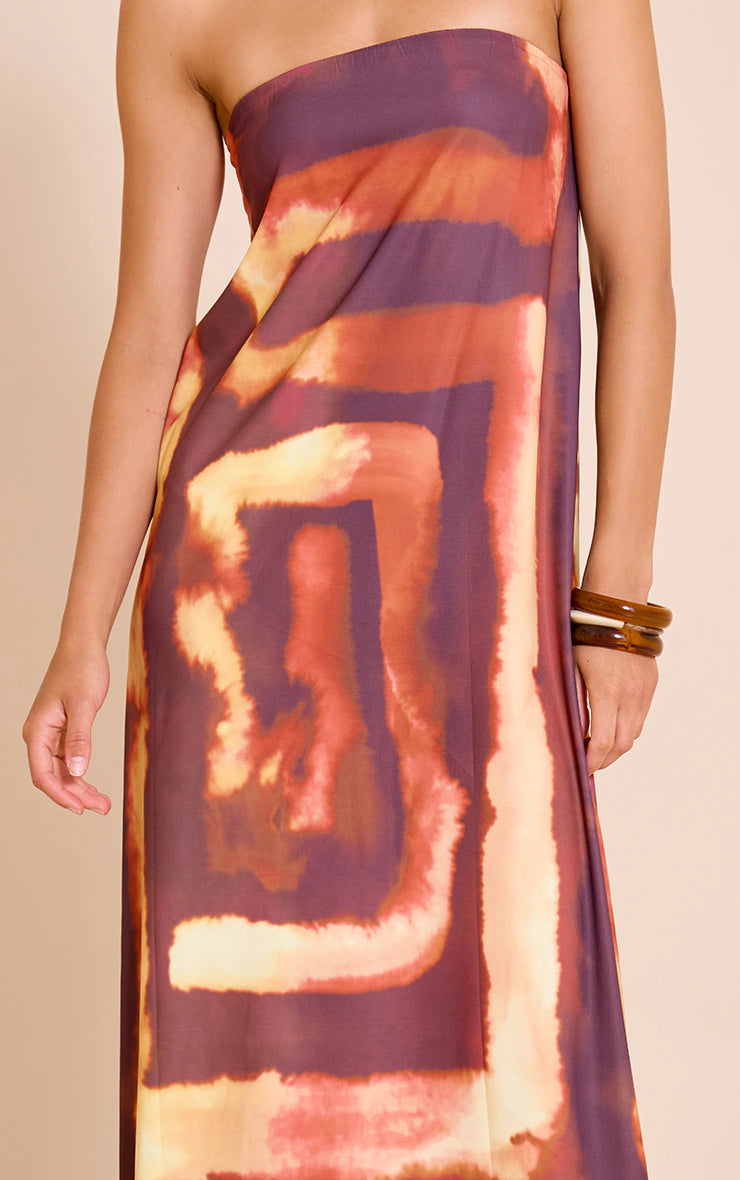 Deep Orange Tie Dye Print Floaty Woven Bandeau Maxi Dress