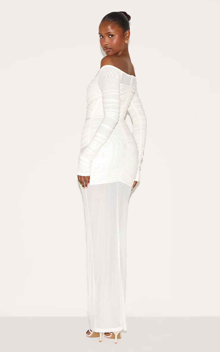Cream Bandage Mesh Bardot Layered Ruched Maxi Dress