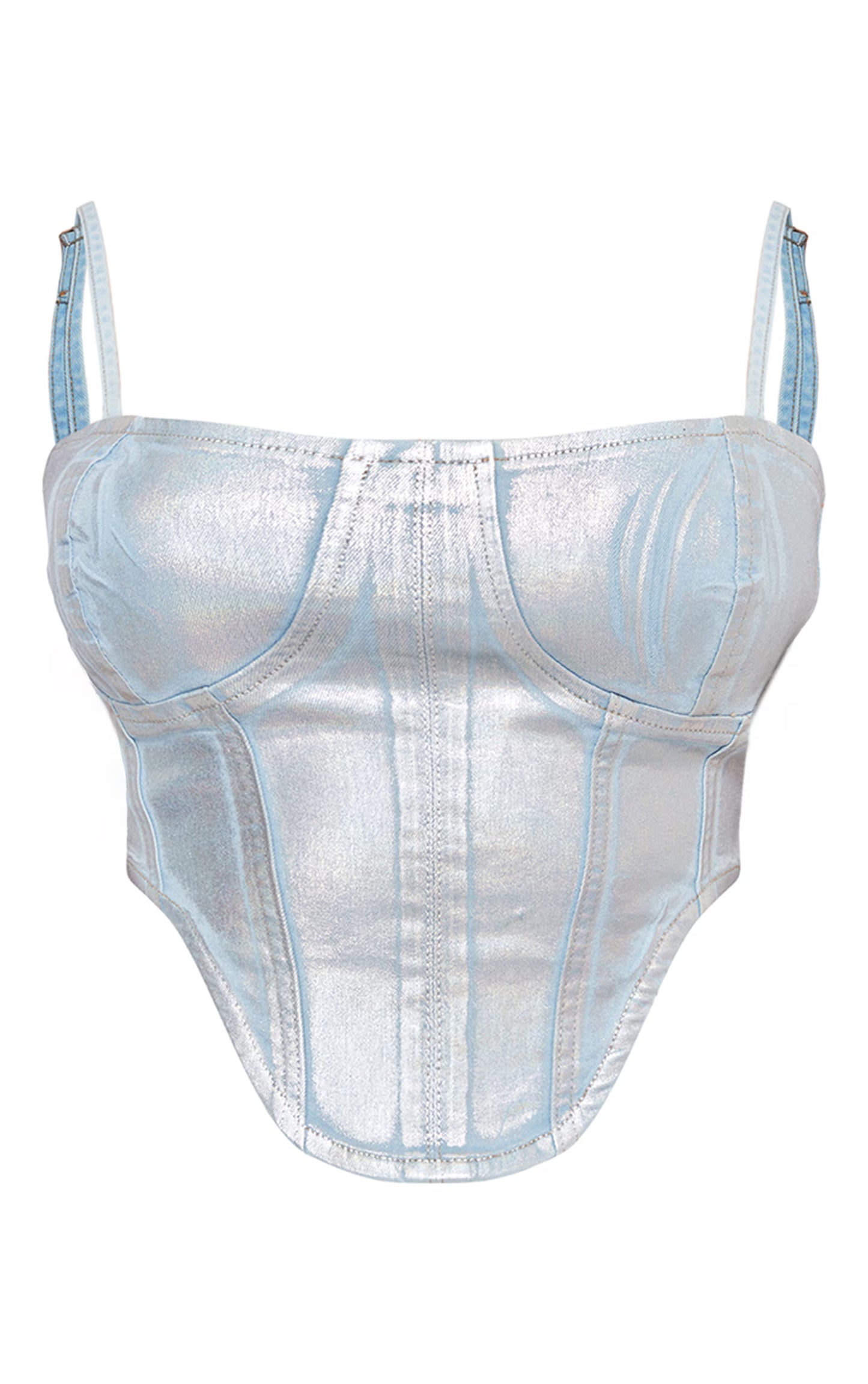 Silver Metallic Coated Denim Corset Top