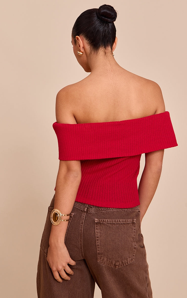 Red Textured Fold Over Detail Bardot Top