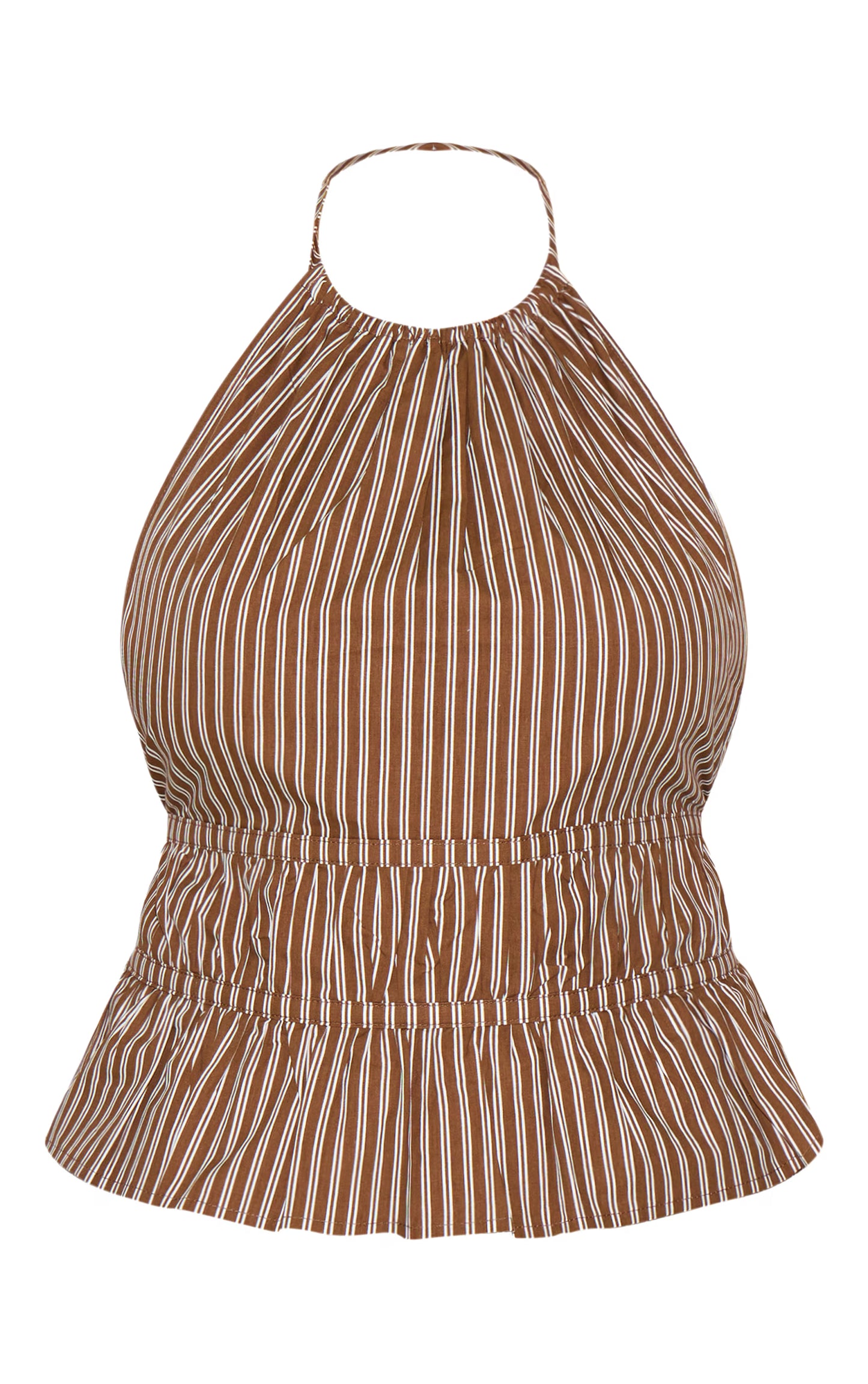 Plus Brown Stripe Ruched Backless Halterneck Woven Top
