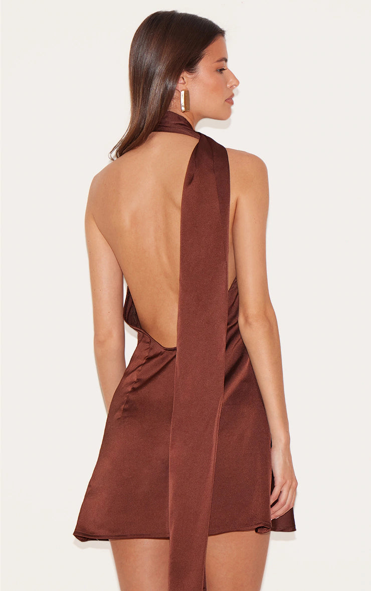 Chocolate Satin Scarf Detail Bodycon Dress