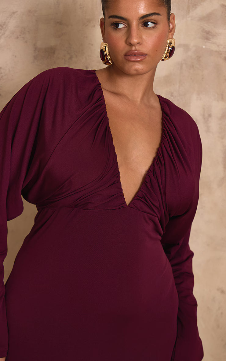 PLT Label Plus Mulberry Slinky Ruched Plunge Batwing Maxi Dress
