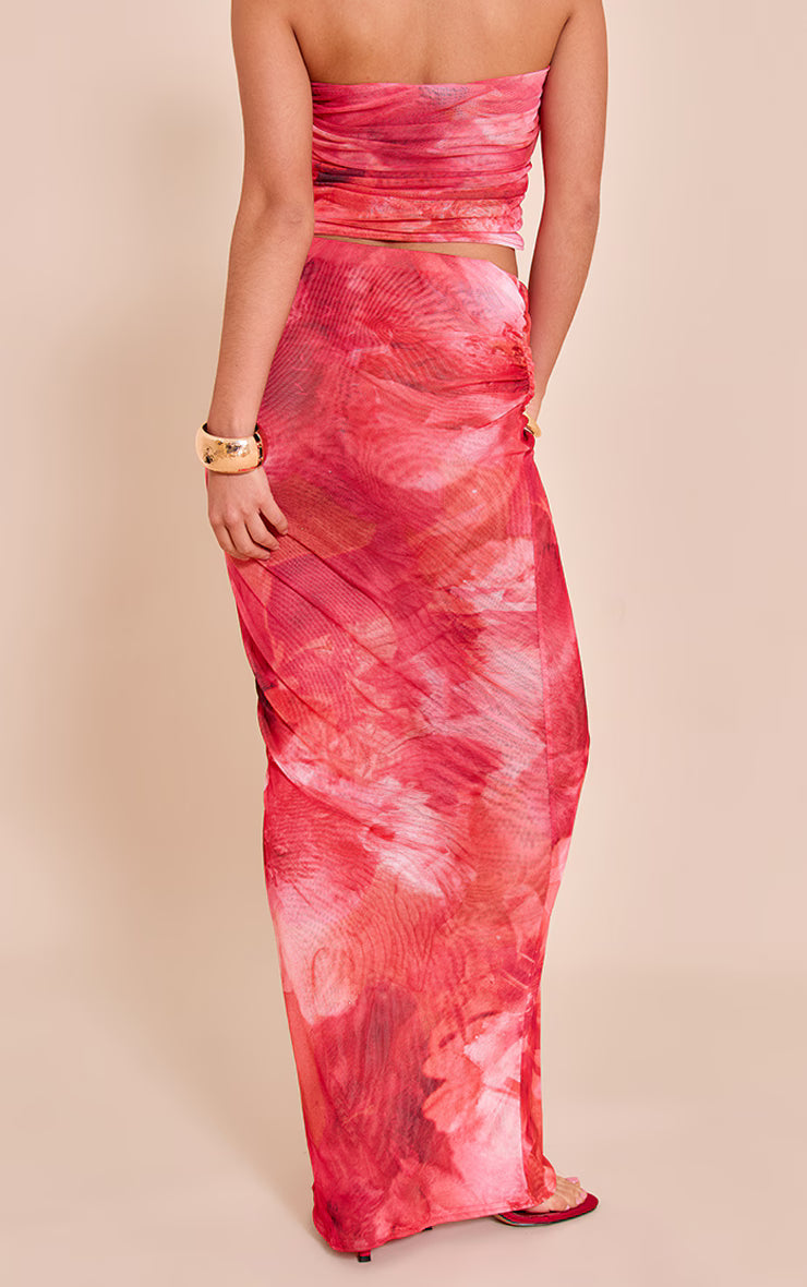 Pink Floral Print Chiffon Mesh Maxi Skirt