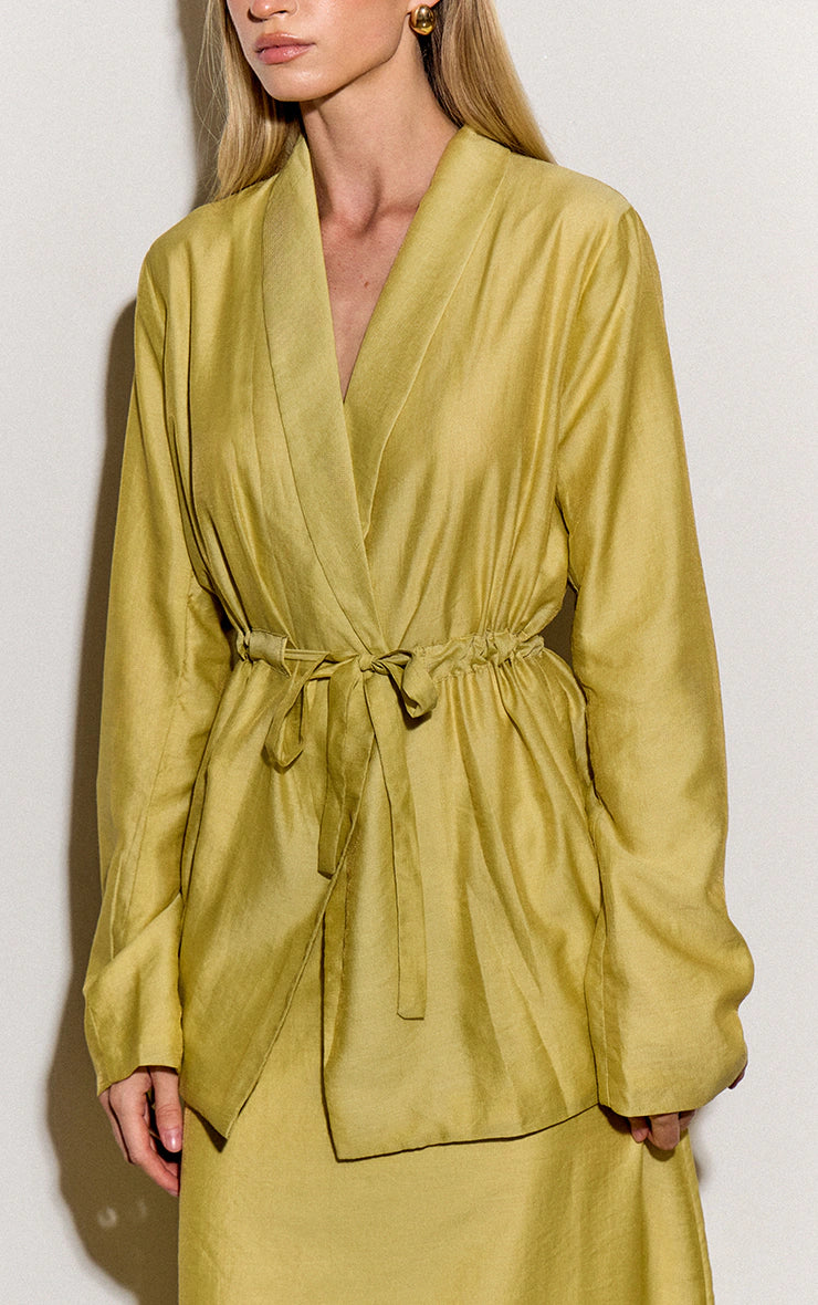 Pale Chartreuse Sheer Organza Tie Cinched Blazer