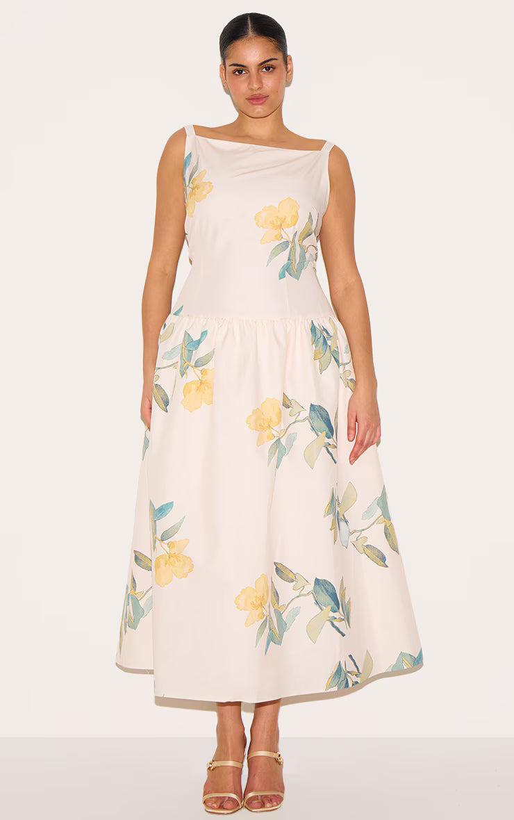 Plus Yellow Floral Printed Dropped Waist Midaxi Dress