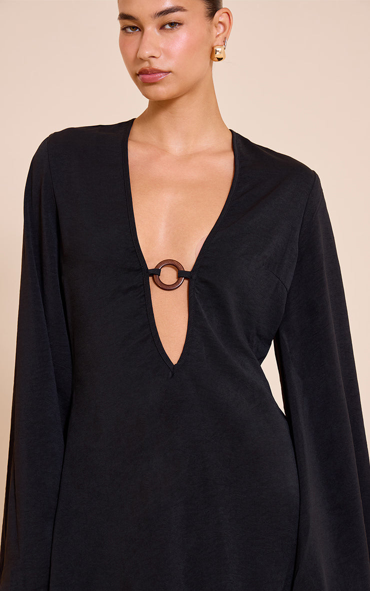 Black Floaty Woven Plunge Ring Detail A Line Mini Dress
