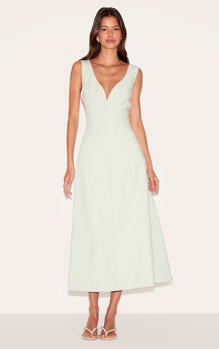 Sage Green Tailored Woven Plunge Button Down Midi Dress