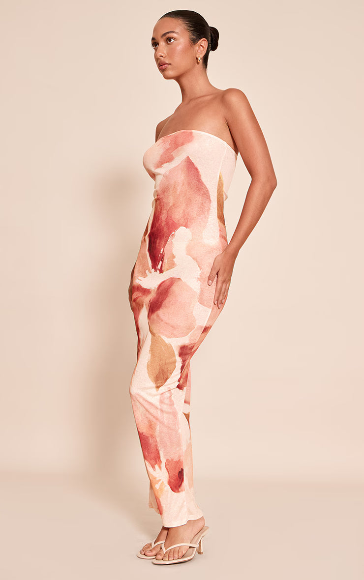 Pink Floral Abstract Printed Onion Skin Bandeau Maxi Dress