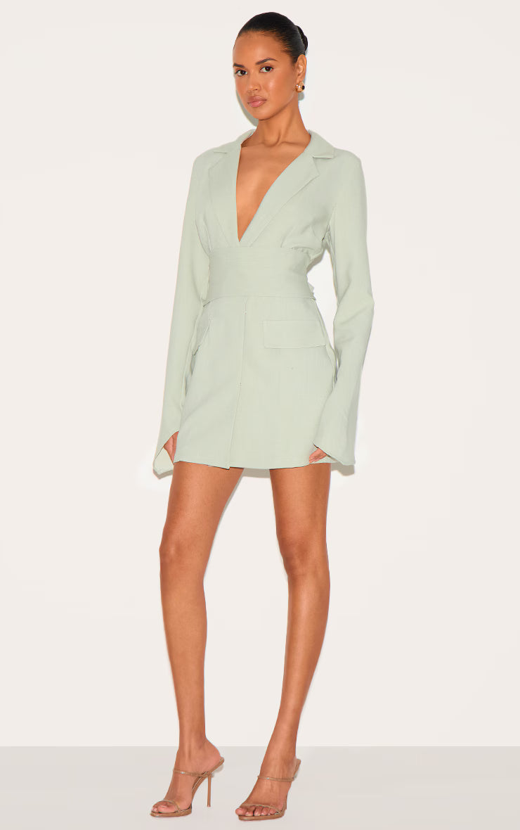 Sage Green Woven Belted Blazer Dress