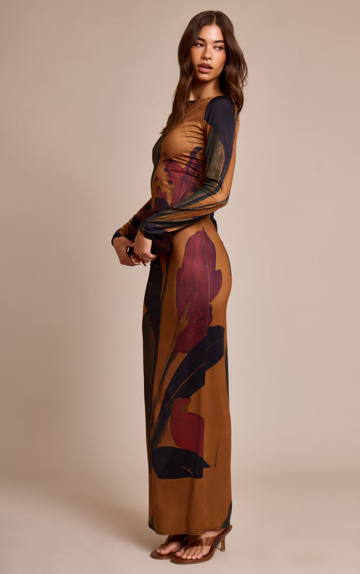 Dark Chocolate Floral Printed Slinky Long Sleeve Maxi Dress