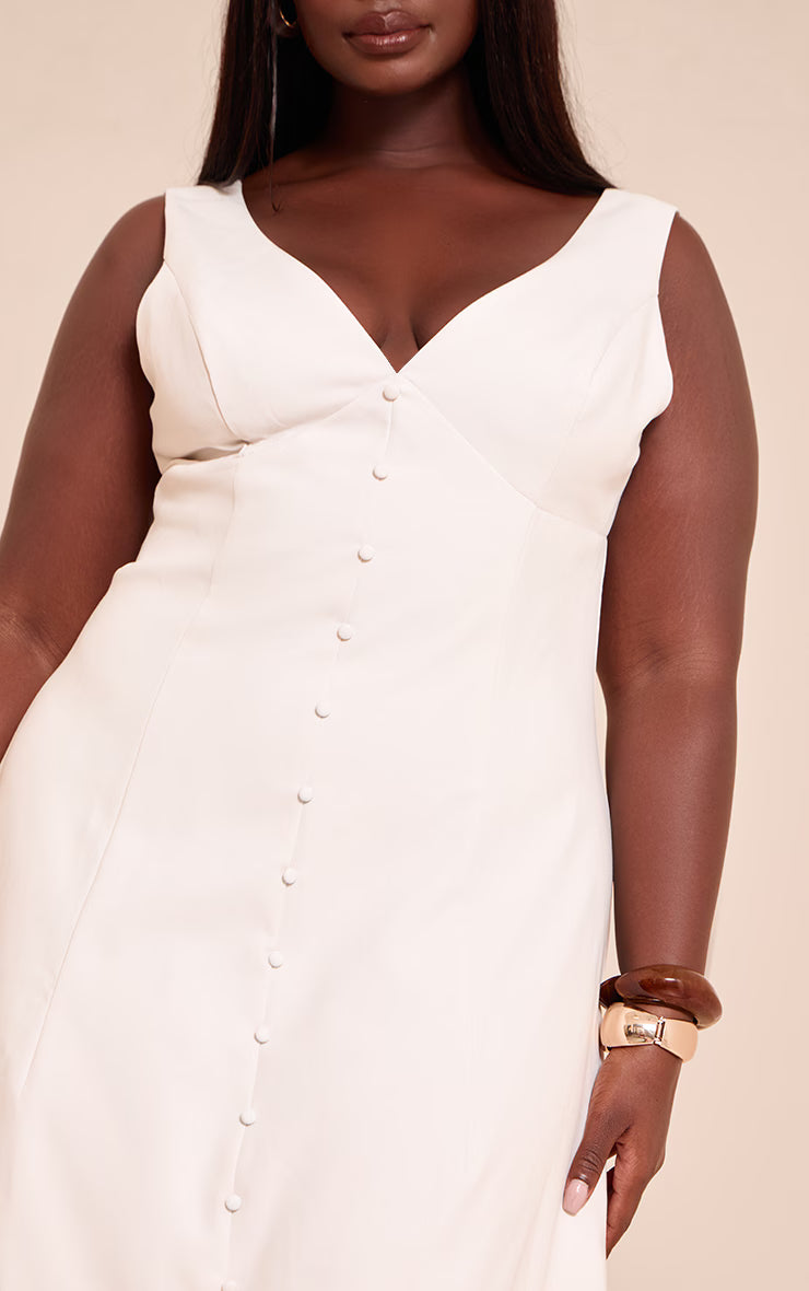 Plus Cream Tailored Woven Plunge Button Down Midi Dress