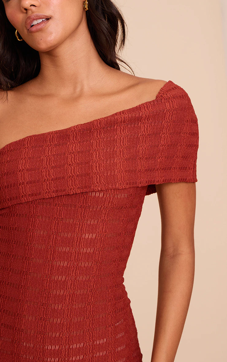 Rust Textured One Shoulder Sleeveless Maxi Dress