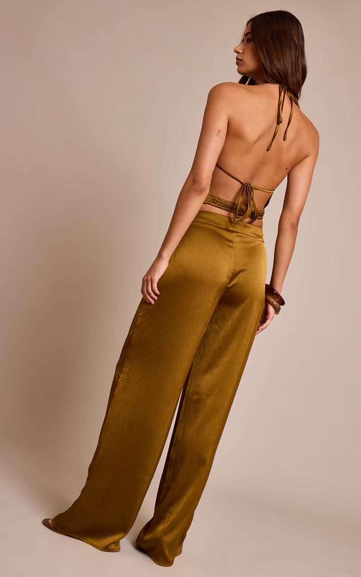Dark Chartreuse Crinkle Satin High Waisted Wide Leg Pants
