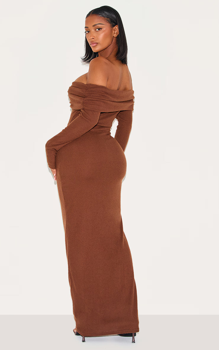 Shape Chocolate Brushed Rib Ruched Fold Over Bardot Maxi Dress