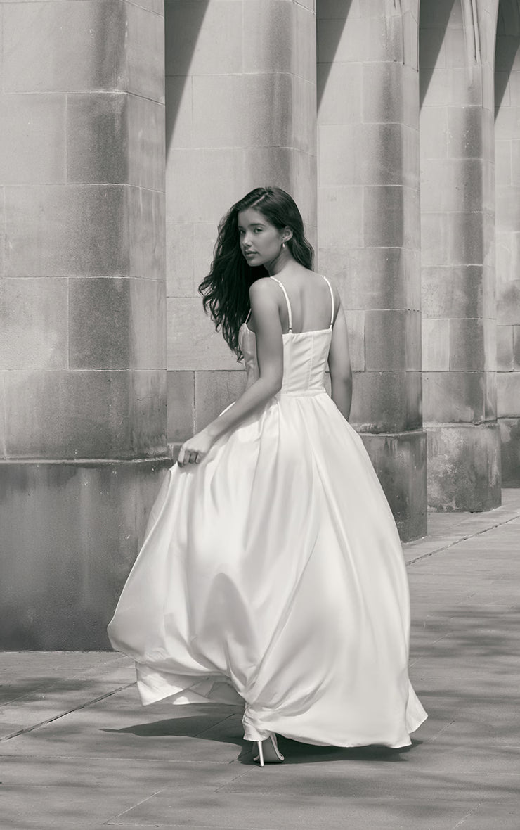 Premium White Satin Corset Skater Maxi Dress