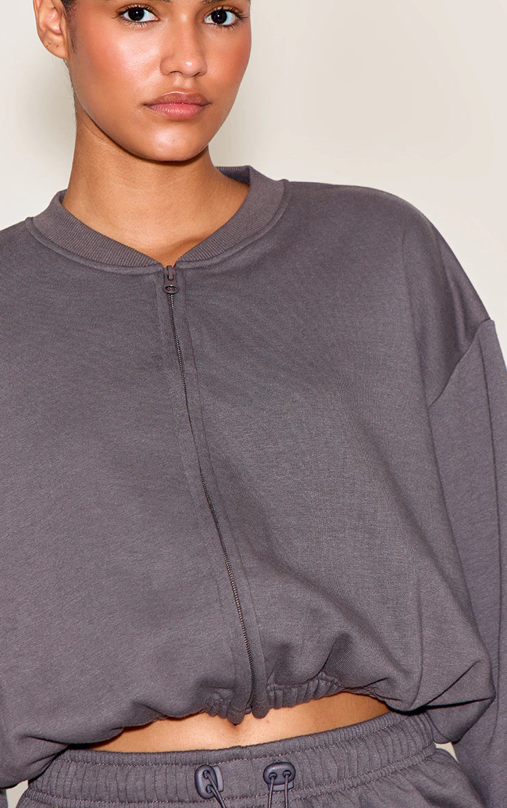Charcoal Drawcord Waist Crop Zip Up Sweatshirt