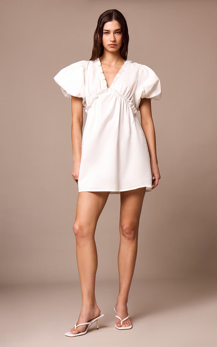 White Cotton Gathered A-line Dress