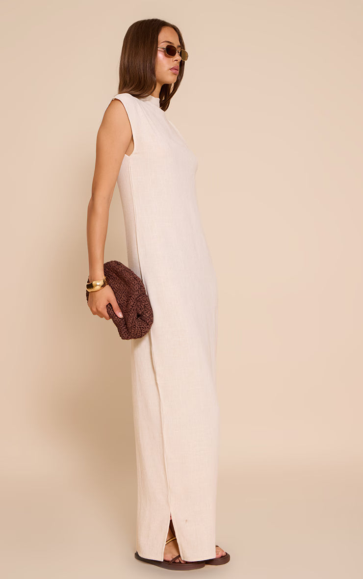 Natural Linen Look Sleeveless Drape Neck Detail Maxi Dress