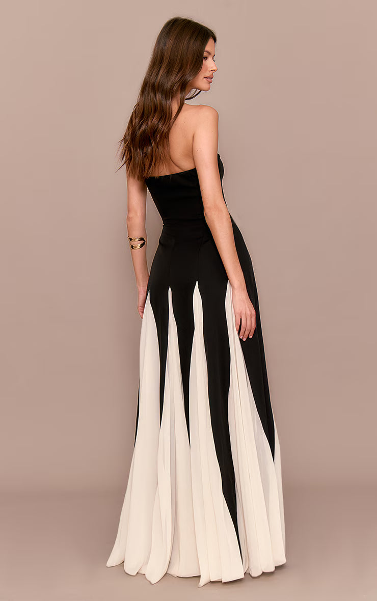Black Bandeau Contrast Chiffon Pleated Maxi Dress