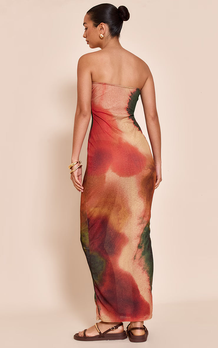 Rust Abstract Onion Skin Bandeau Print Maxi Dress