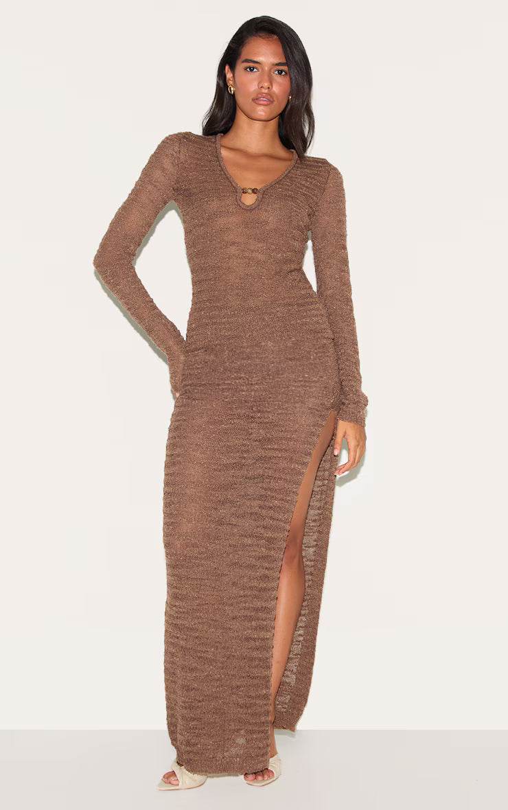Chocolate Sheer Bobble Crochet Long Sleeve Beaded Keyhole Cut Out Top