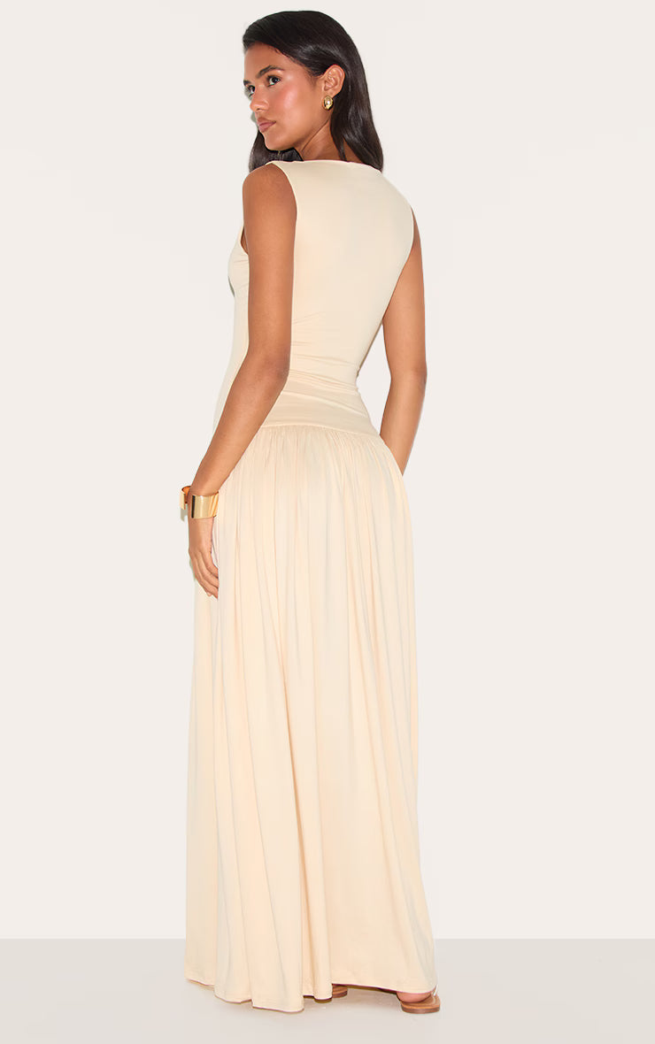 Almond Double Layer Jersey Dropped Waist Maxi Dress