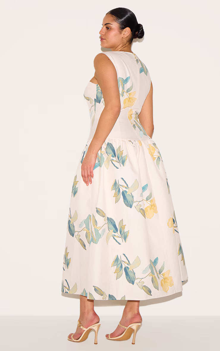 Plus Yellow Floral Printed Dropped Waist Midaxi Dress