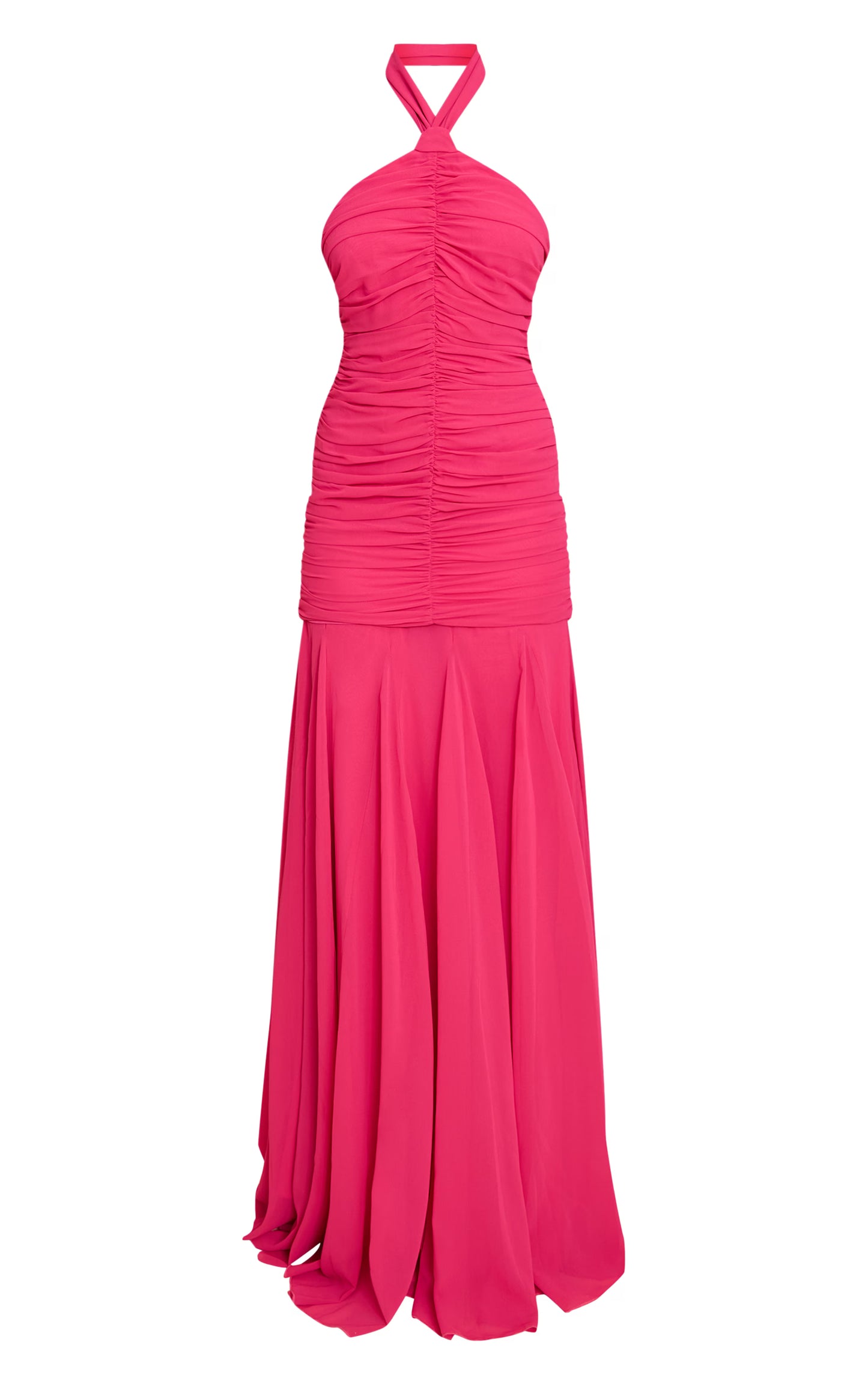 Fuschia Chiffon Halterneck Ruched Dropped Waist Maxi Dress