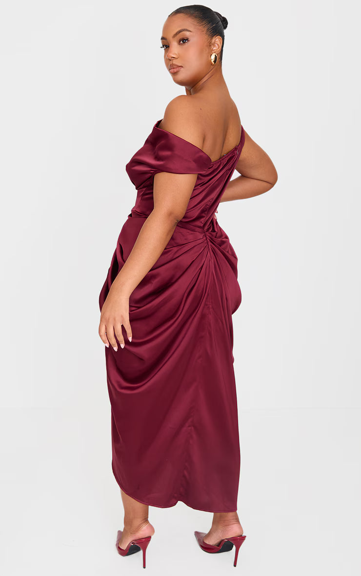 Plus Burgundy Satin Off The Shoulder Draped Skirt Midi Dress