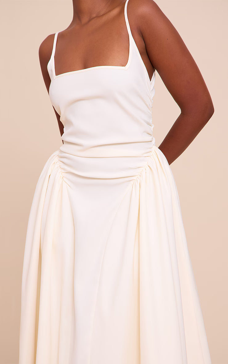Cream Woven Ruched Strappy Midi Dress