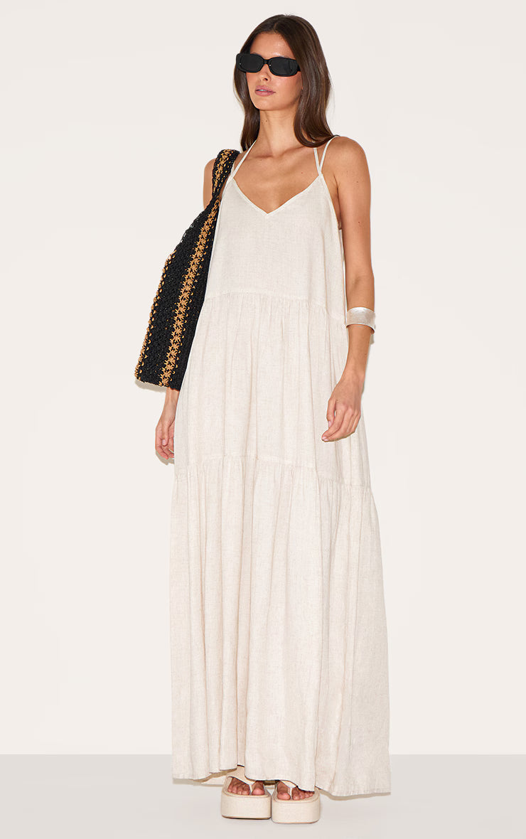 Natural Strappy Ruched Maxi Dress