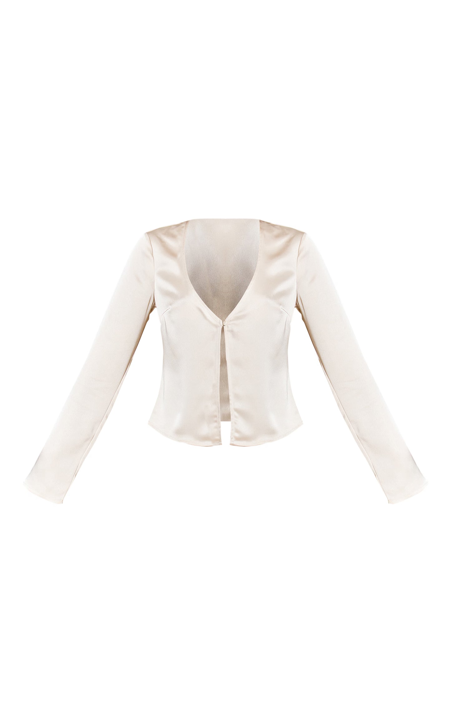 Cream Satin Plunge Button Long Sleeve Top