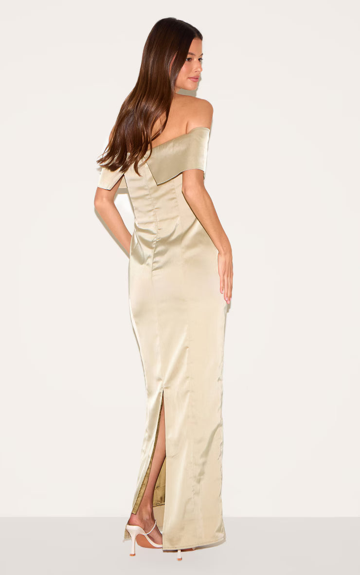 Sage Bridesmaid Bardot Fold Over Sleeveless Maxi Dress