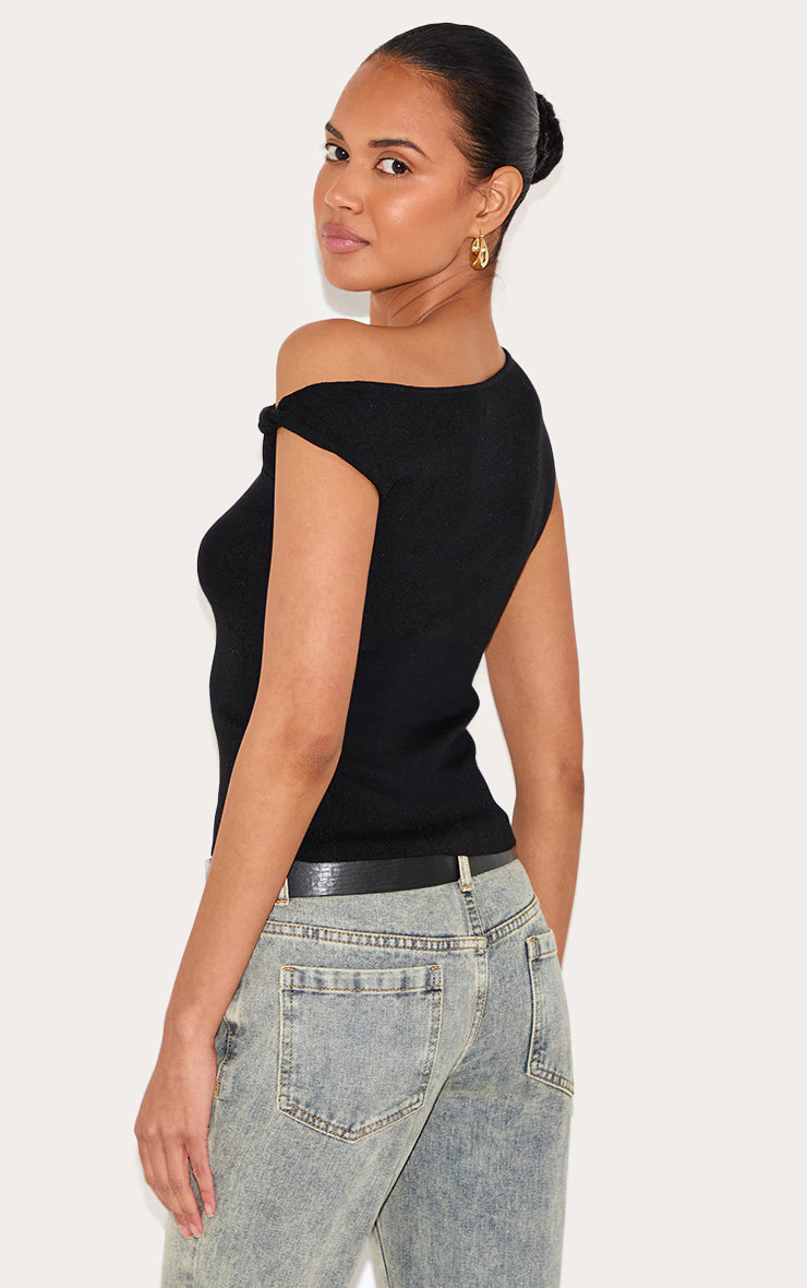 Black Fine Knit Twist Neck Vest Top