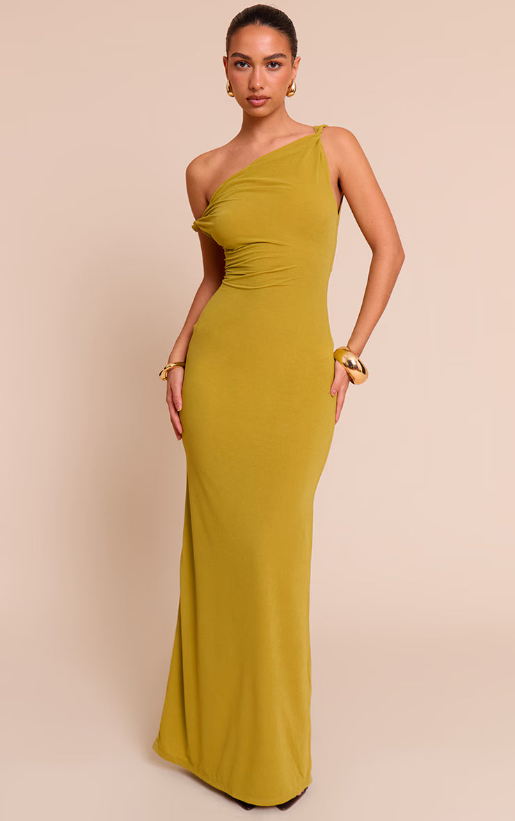 Olive Double Layered Chiffon Asymmetric Maxi Dress