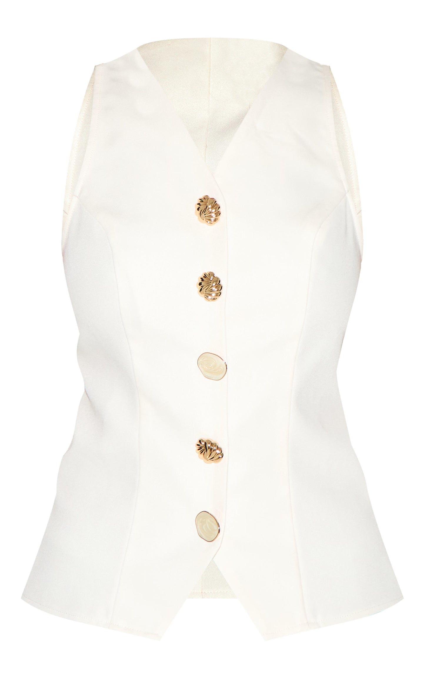 Cream Woven Gold Button Detail Fitted Vest