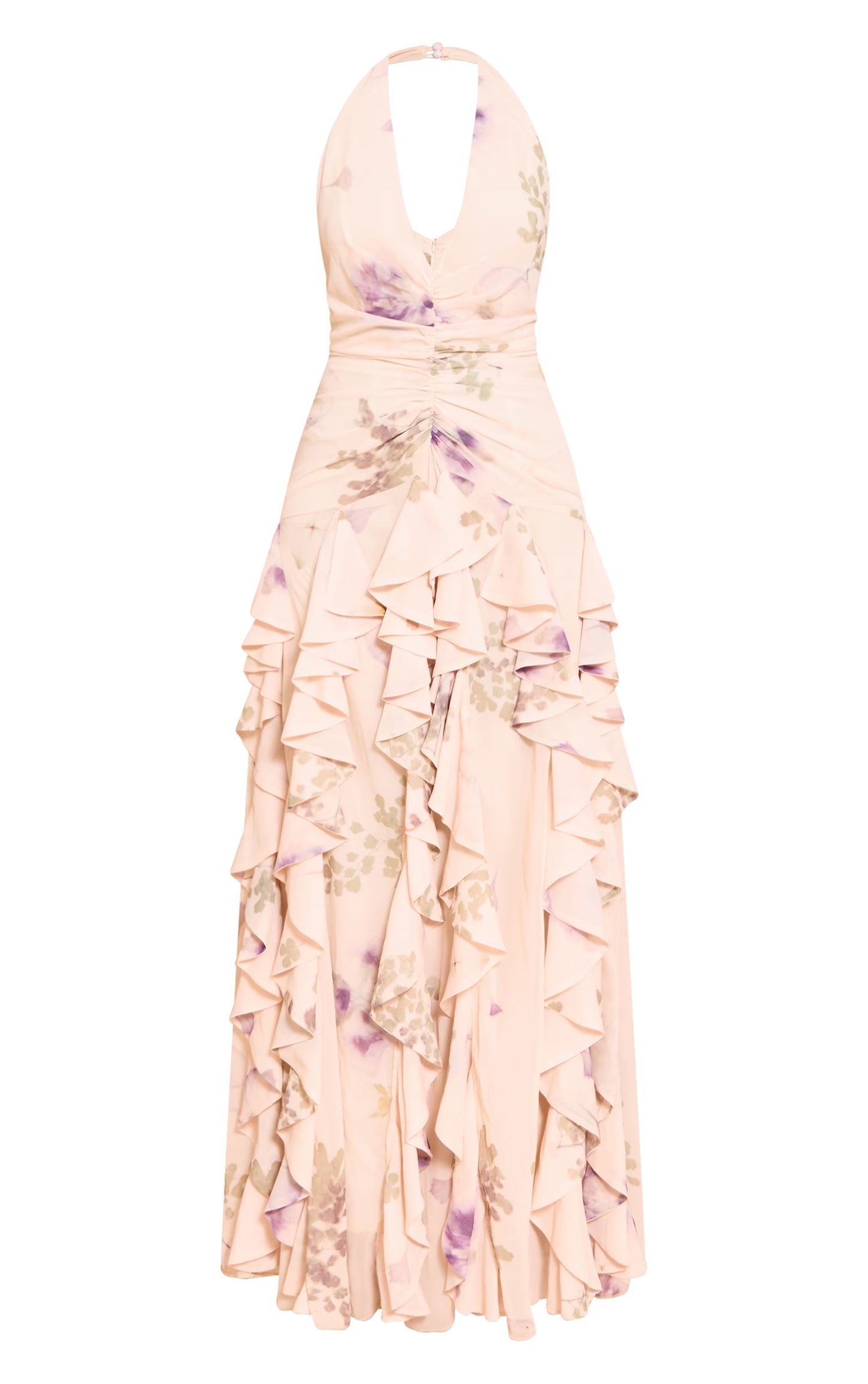 Stone Plunge Ruched Frill Detail Maxi Dress