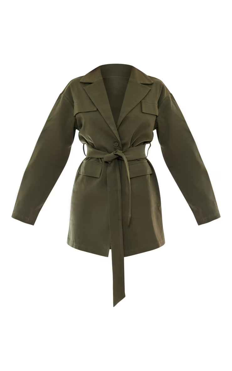 Khaki Woven Button Belted Blazer Dress