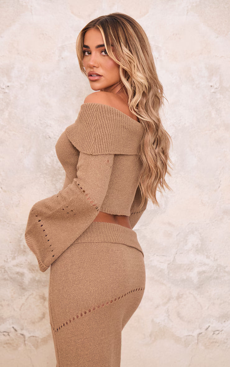 Chocolate Fold Over Bardot Knit Long Sleeve Top