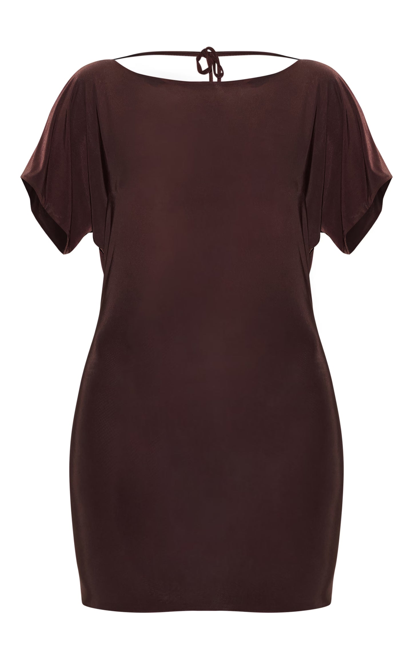 Chocolate Double Layered Slinky Ruched Short Sleeve Mini Dress