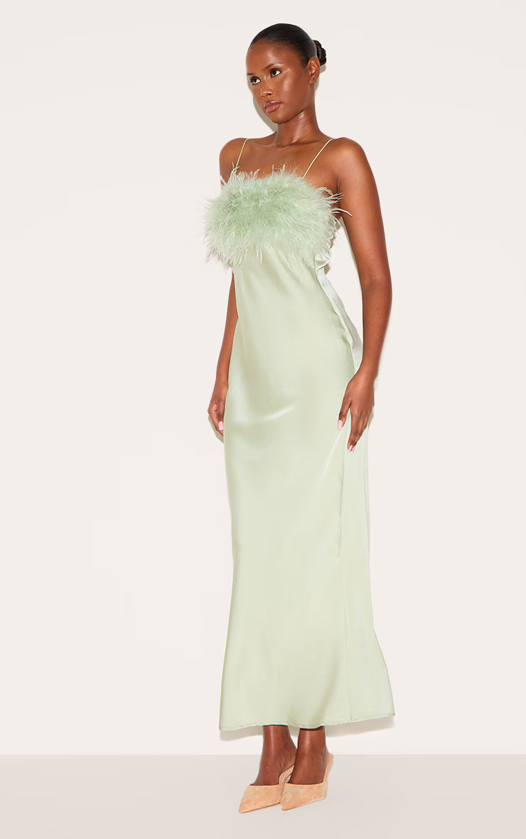 Sage Satin Feather Bust Detail Strappy Maxi Dress