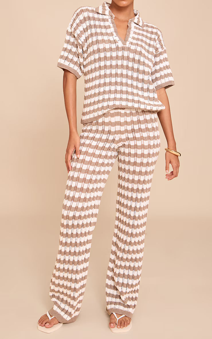 Mocha Crochet Stripe Knit Pant