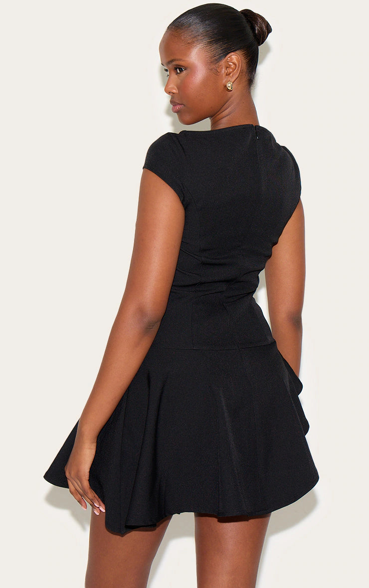 Black Woven Capped Sleeve Asymmetric Layered Shift Dress