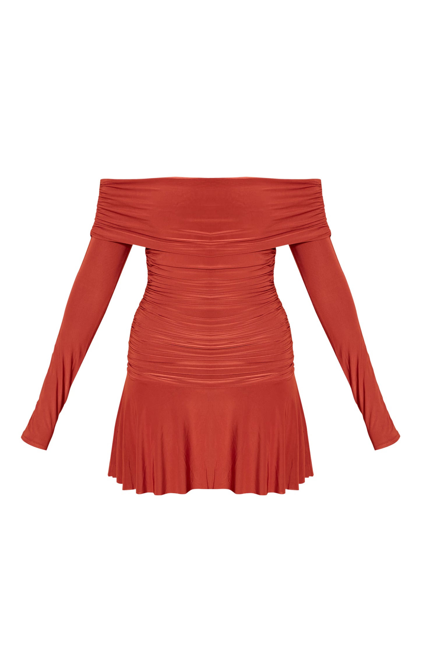 Rust Double Layer Slinky Long Sleeve Bardot Mini Dress