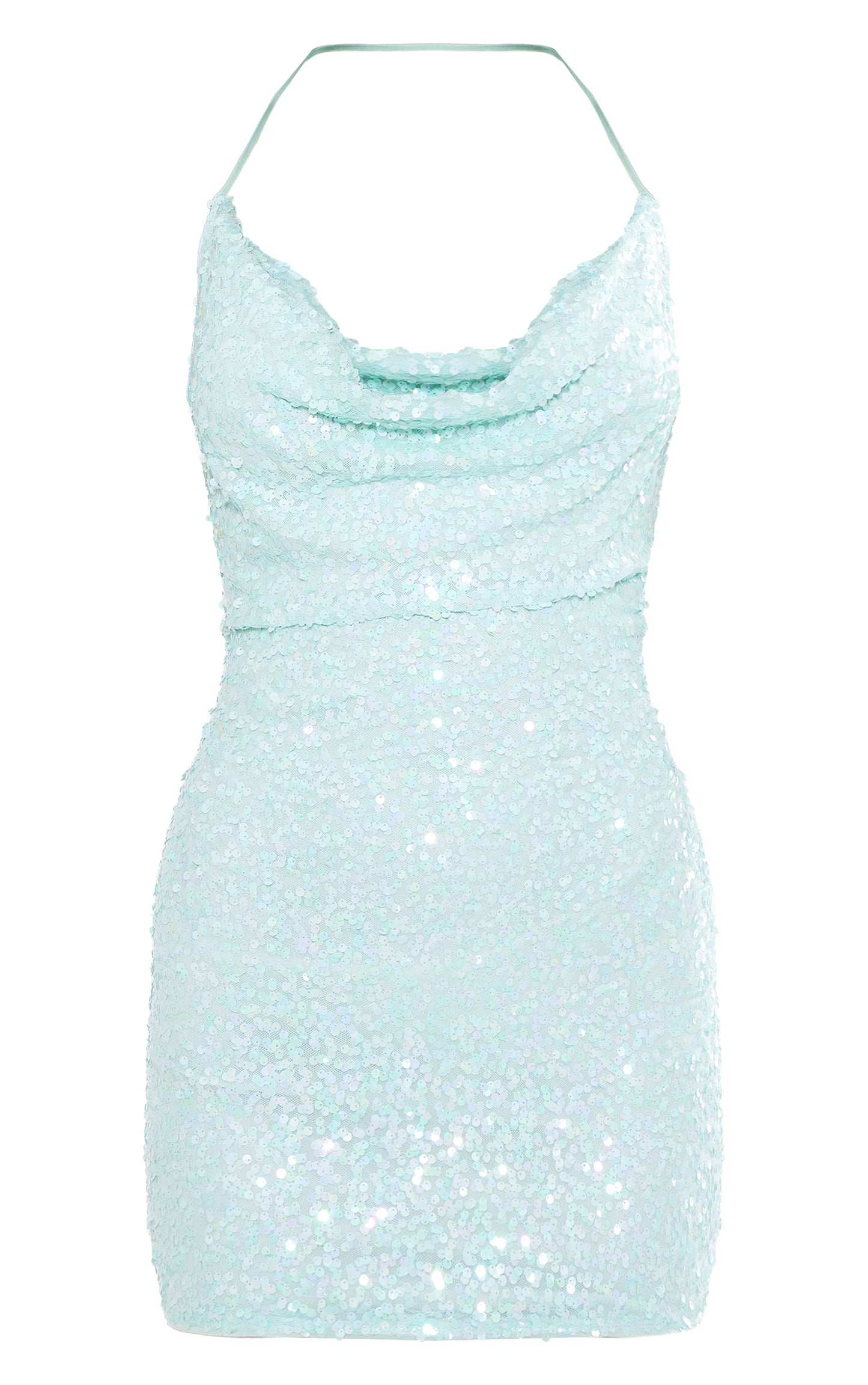 Aqua Sequin Tie Cowl Halter Neck Bodycon Dress