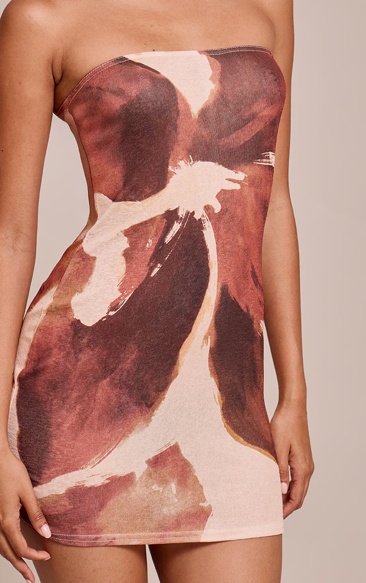 Chocolate Floral Abstract Printed Onion Skin Bandeau Mini Dress