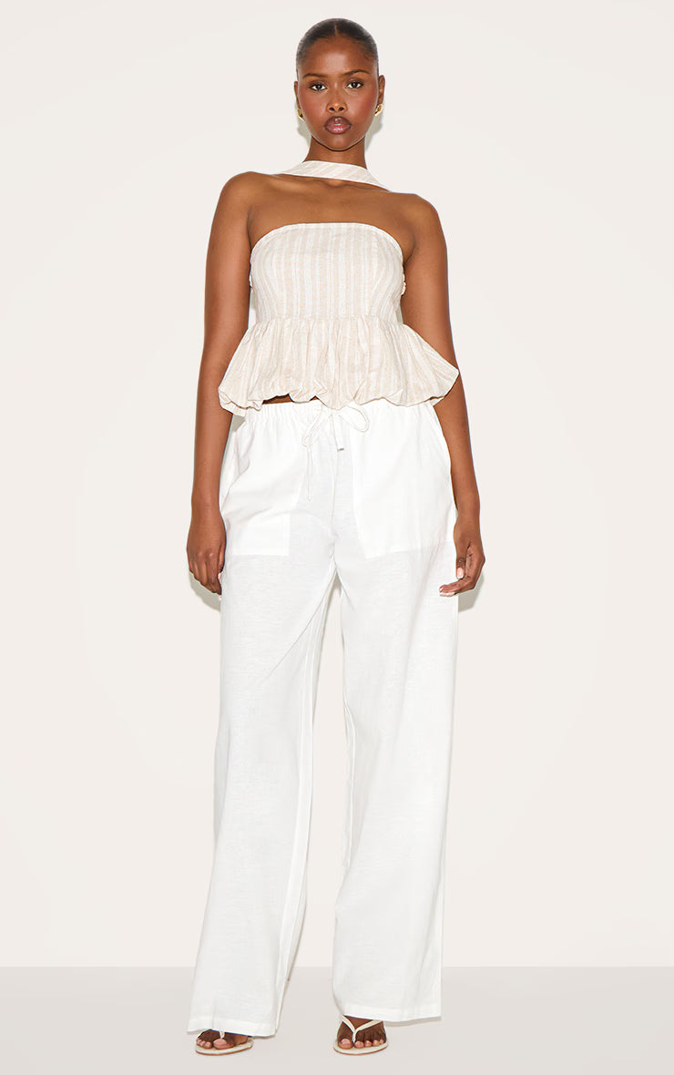 Beige Striped Bubble Hem Top