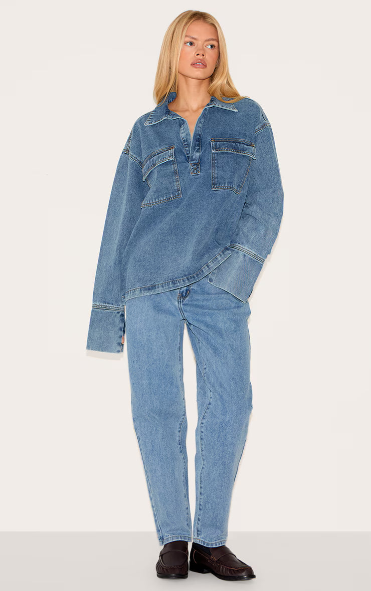 Vintage Blue Long Sleeve Slouchy Denim Rugby Shirt
